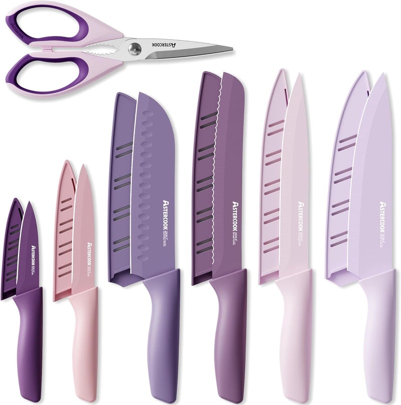 Astercook Knife Set, 13 Pieces Kitchen Knives Set with Healthy Anti-Rust Coating, Dishwasher Safe, Stainless Steel Chef Knife Sets with 6 Blade Guards, Perfect Holiday Gifts for Kitchen Purple - Image 1